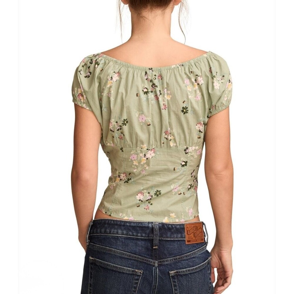 Lucky Brand Size L Blouse Floral Corset Cotton Puff Sleeves Cottage Peasant - Picture 2 of 8